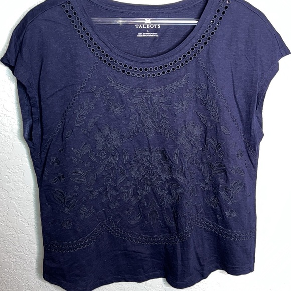 Talbots Navy Blue Embroidered Flower Print Short Sleeve Top - Picture 4 of 5